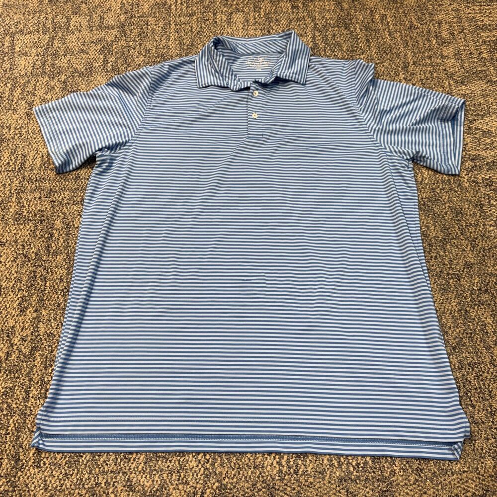 Vineyard Vines Polo Shirt Mens 2XL Blue White Stripe Performance Golf Whale Logo